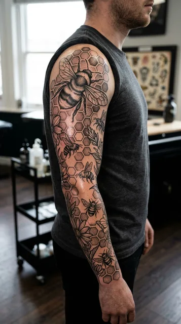bees tattoo on the full sleeve