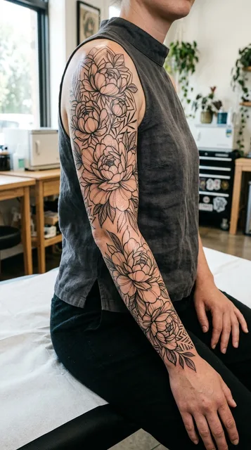 Black and white blackwork flowers tattoo as a full sleeve on a woman