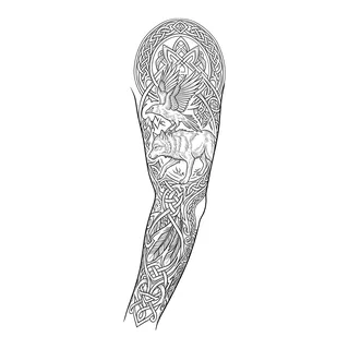 Black and white blackwork tattoo design, drawn flat for a full sleeve