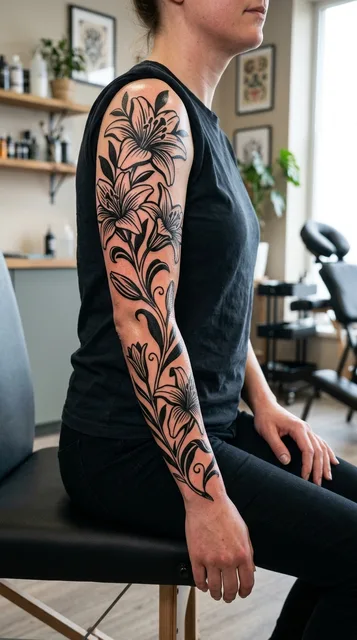 Black and white blackwork lily tattoo as a full sleeve on a woman