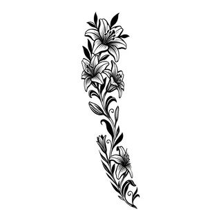 Black and white blackwork lily tattoo design, drawn flat for a full sleeve