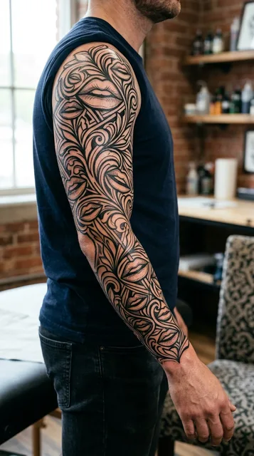 Black and white blackwork lips tattoo as a full sleeve on a man