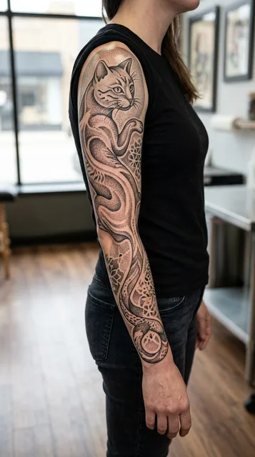 Black and grey dotwork cat tattoo as a full sleeve on a woman