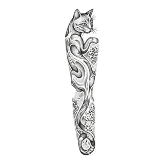 Black and grey dotwork cat tattoo design, drawn flat for a full sleeve