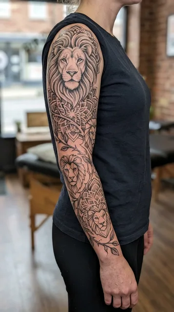 Black and grey dotwork lion tattoo as a full sleeve on a woman