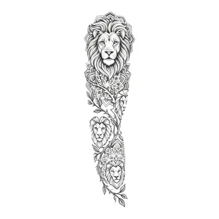 Black and grey dotwork lion tattoo design, drawn flat for a full sleeve