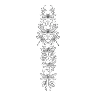 Black and white fine line dragonfly tattoo design, outline stencil for a full sleeve