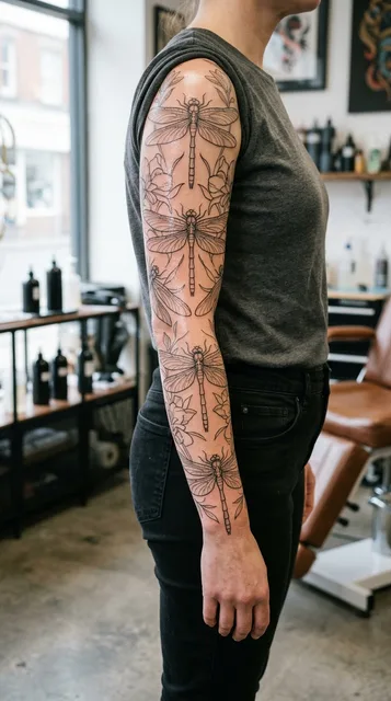 Black and white fine line dragonfly tattoo as a full sleeve on a woman
