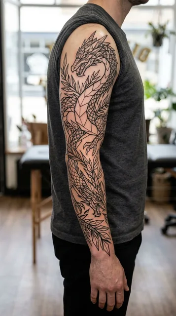 Black and white geometric dragon tattoo as a full sleeve on a man