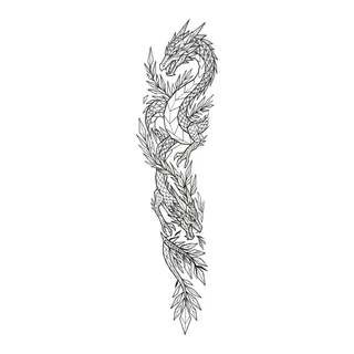 Black and white geometric dragon tattoo design, outline stencil for a full sleeve