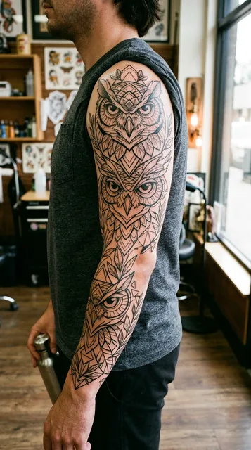 Black and white geometric owls tattoo as a full sleeve on a man