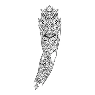 Black and white geometric owls tattoo design, outline stencil for a full sleeve