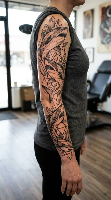 Black and white geometric sharks tattoo as a full sleeve on a woman