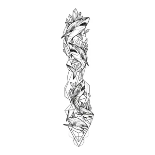 Black and white geometric sharks tattoo design, outline stencil for a full sleeve