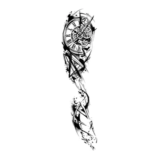 Black and grey illustrative clock tattoo design, drawn flat for a full sleeve