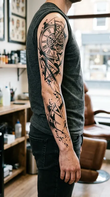Clock tattoo on the full sleeve