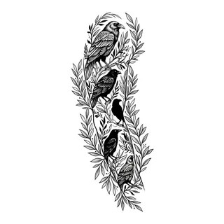 Black and grey illustrative tattoo design, drawn flat for a full sleeve