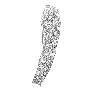Black and white linework tattoo design, outline stencil for a full sleeve