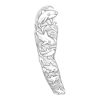 Black and white linework tattoo design, outline stencil for a full sleeve