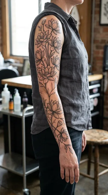 Black and white linework lotus tattoo as a full sleeve on a woman
