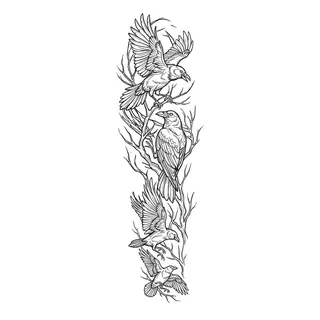 Black and white linework ravens tattoo design, outline stencil for a full sleeve