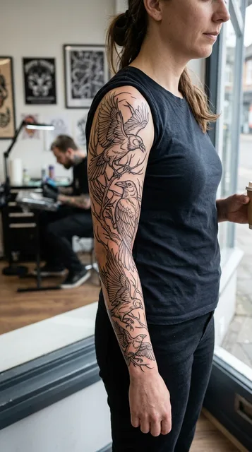 ravens tattoo on the full sleeve