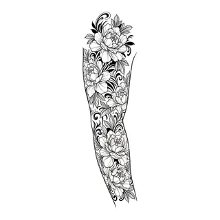 Black and grey ornamental flowers tattoo design, drawn flat for a full sleeve
