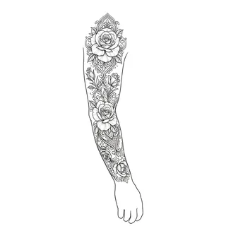Black and grey ornamental tattoo design, drawn flat for a full sleeve
