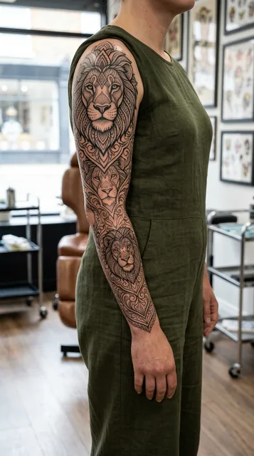 Black and grey ornamental lion tattoo as a full sleeve on a woman