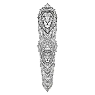 Black and grey ornamental lion tattoo design, drawn flat for a full sleeve