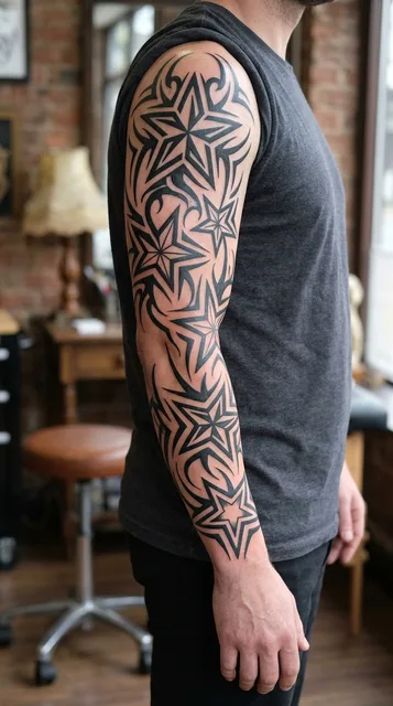 Black and white tribal stars tattoo as a full sleeve on a man
