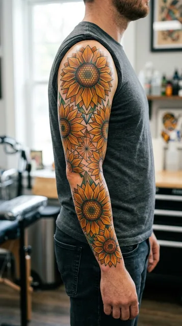 Color geometric sunflower tattoo as a full sleeve on a man