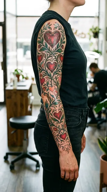 Color illustrative hearts tattoo as a full sleeve on a woman