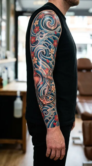 Color Japanese anchor tattoo as a full sleeve on a man