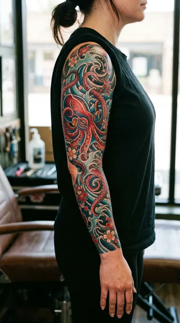 Color Japanese octopus tattoo as a full sleeve on a woman