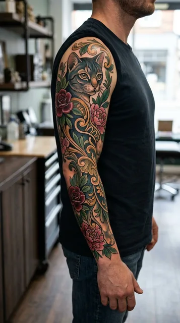 Color neo traditional cat tattoo as a full sleeve on a man