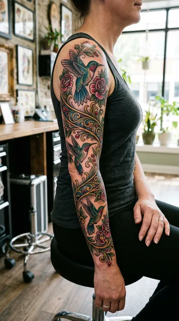 Color neo traditional hummingbird tattoo as a full sleeve on a woman
