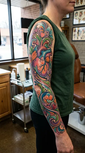 Color new school heart tattoo as a full sleeve on a woman