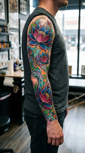 Color new school lotus tattoo as a full sleeve on a man