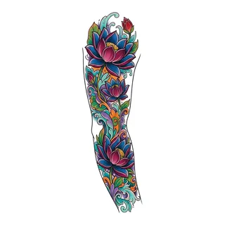 Color new school lotus tattoo design, drawn flat for a full sleeve