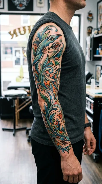 Color new school sharks tattoo as a full sleeve on a man