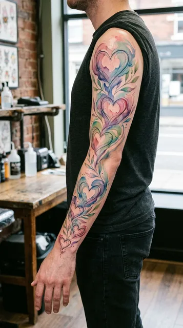 Color watercolor hearts tattoo as a full sleeve on a man