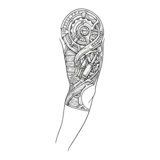 Black and grey biomechanical tattoo design, drawn flat for a half sleeve