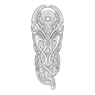 Black and grey biomechanical tattoo design, drawn flat for a half sleeve