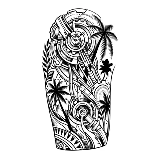 Black and grey biomechanical tattoo design, drawn flat for a half sleeve