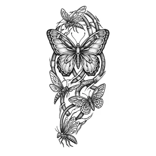 Black and grey biomechanical tattoo design, drawn flat for a half sleeve