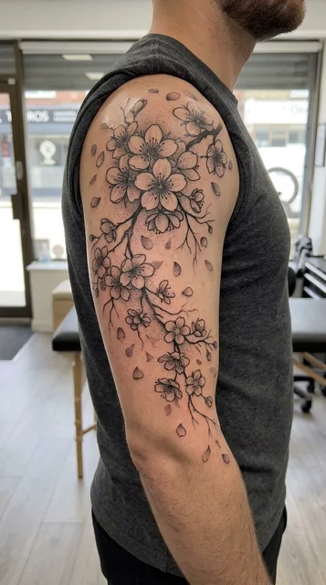Black and grey dotwork cherry blossom tattoo as a half sleeve on a man