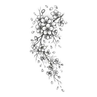 Black and grey dotwork cherry blossom tattoo design, drawn flat for a half sleeve