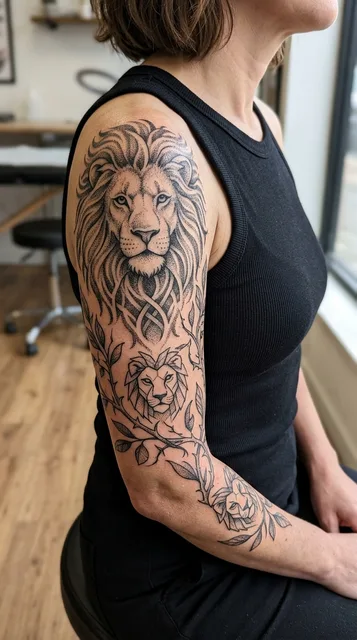 Black and grey dotwork lion tattoo as a half sleeve on a woman