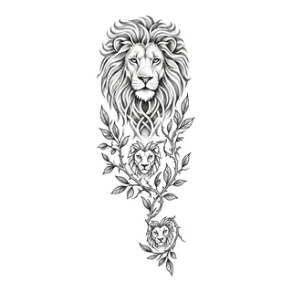 Black and grey dotwork lion tattoo design, drawn flat for a half sleeve